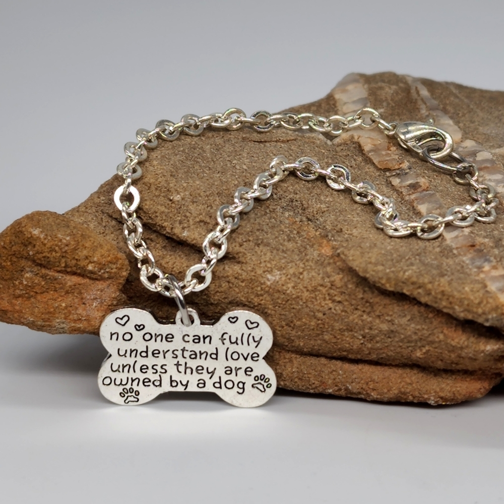BONE LOVE DOG Silver Bracelet Graphic Design Quote Gift for Dog Lover